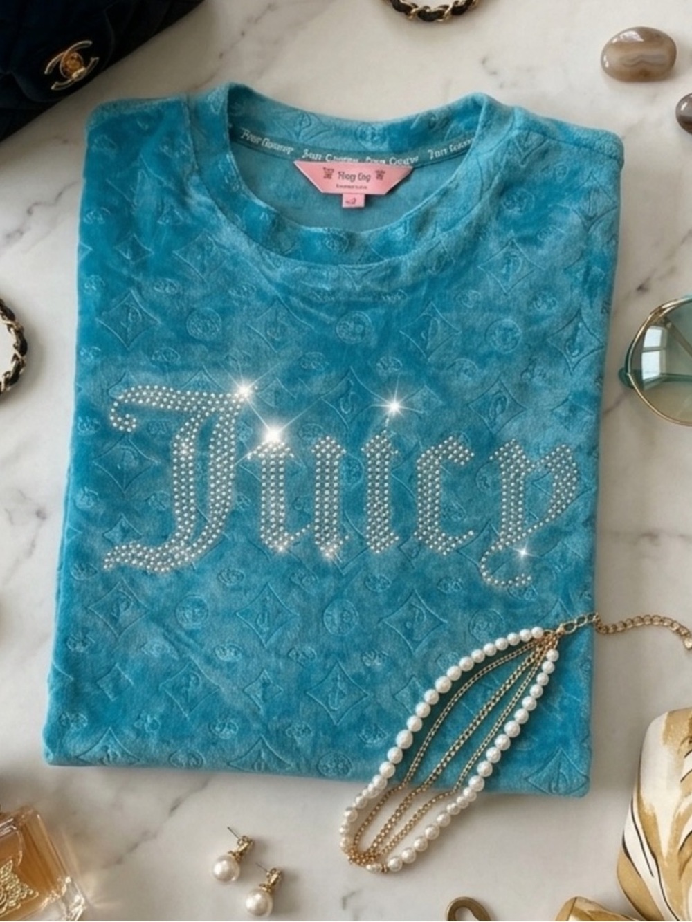 Juicy Couture Embossed Monogram Bling Velour Bling Crewneck Sweatshirt Teal M